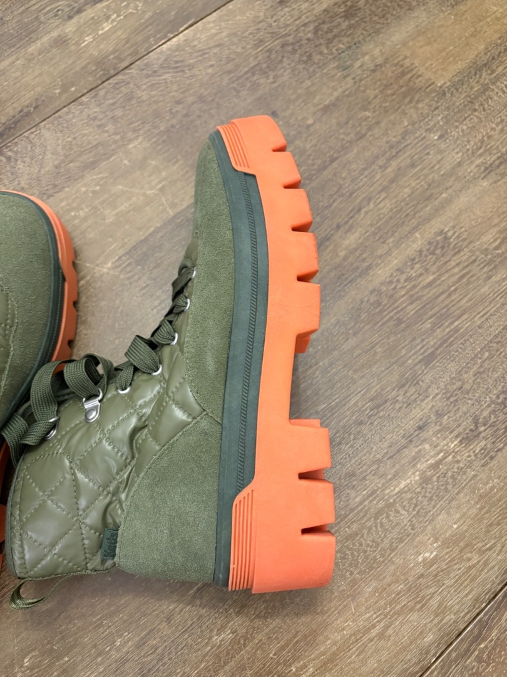 Keds Combat Boots Quilted Nylon Army Green with Coral Soles Women's 8.5 - Picture 6 of 9